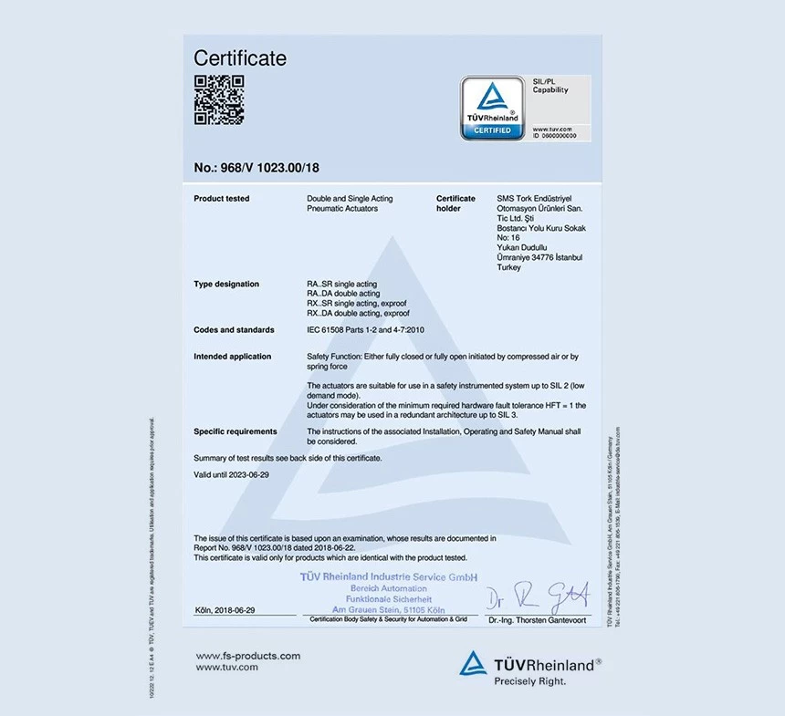 TORK Pneumatic Actuators Now SIL 3 Certified
